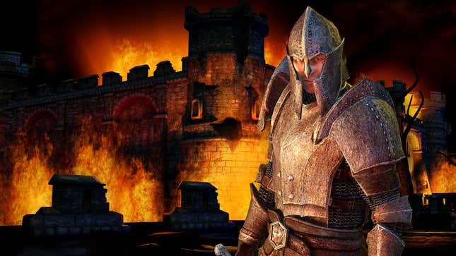 A knight stands in front of a burning castle in an Elder Scrolls IV: Oblivion official image.