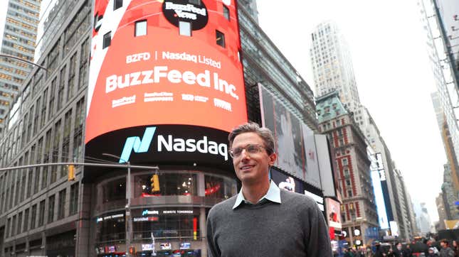 BuzzFeed CEO Jonah Peretti stands in front of Times Square with the Buzzfeed inc. nasdaq sign.