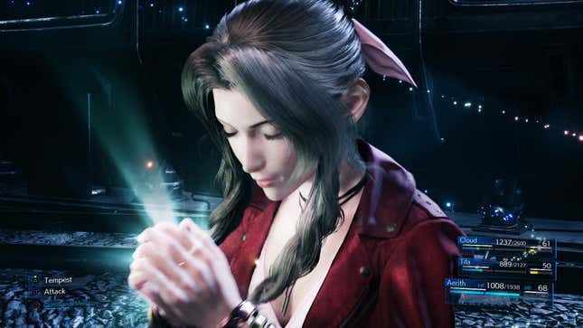 Aerith is shown praying in the middle of a battle.