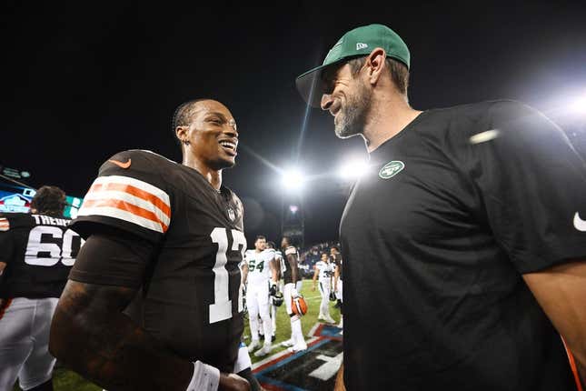 Aug 3, 2023; Canton, Ohio, USA; Cleveland Browns quarterback Dorian Thompson-Robinson (17) talks to New York Jets quarterback Aaron Rodgers (8) after the game at Tom Benson Hall of Fame Stadium.