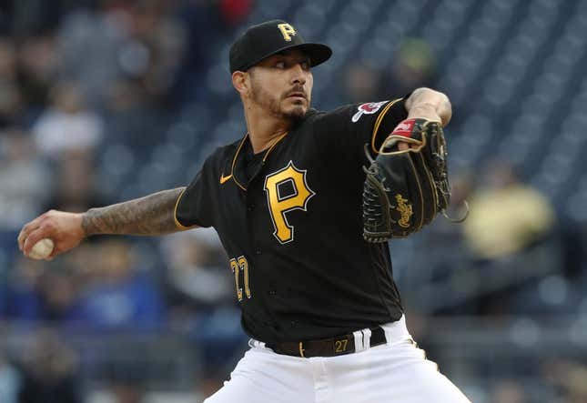 Apr 8, 2023; Pittsburgh, Pennsylvania, USA;  Pittsburgh Pirates starting pitcher Vince Velasquez (27) delivers a pitch against the Chicago White Sox during the first inning at PNC Park.
