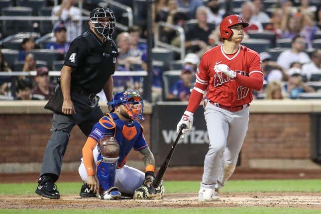 Aug 26, 2023; New York City, New York, USA;  Los Angeles Angels designated hitter Shohei Ohtani (17) hits an RBI triple in the second inning against the New York Mets at Citi Field.