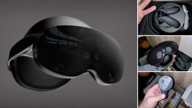 An unofficial render of Meta's Project Cambria headset appears alongside three captures from a new video of the unreleased hardware allegedly being unboxed.