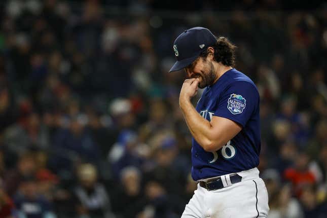 Mar 31, 2023; Seattle, Washington, USA; Seattle Mariners starting pitcher Robbie Ray (38) walks to the dugout during a fourth inning pitching change against the Cleveland Guardians at T-Mobile Park.