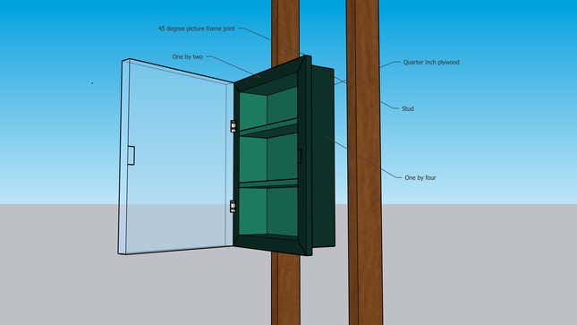 Illustration of a built-in hidden cabinet between wall studs