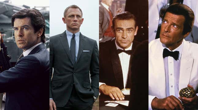 (From left) Pierce Brosnan as James Bond in GoldenEye; Daniel Craig as James Bond in Skyfall; Sean Connery as James Bond in Dr. No; Roger Moore as James Bond in Octopussy