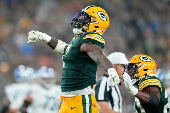 GREEN BAY, WISCONSIN - SEPTEMBER 28: Quay Walker #7 of the Green Bay Packers reacts against the Detroit Lions during the third quarter in the game at Lambeau Field on September 28, 2023 in Green Bay, Wisconsin. (Photo by Patrick McDermott/Getty Images)