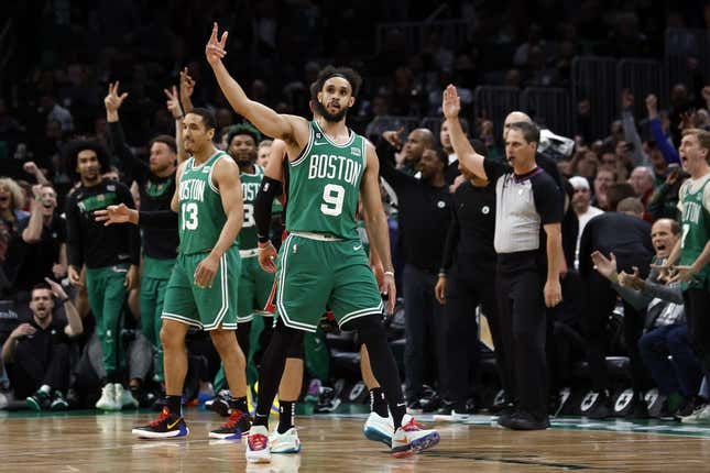 May 25, 2023; Boston, Massachusetts, USA; Boston Celtics guard Derrick White (9) reacts during the second quarter of game five against the Miami Heat in the Eastern Conference Finals for the 2023 NBA playoffs at TD Garden.