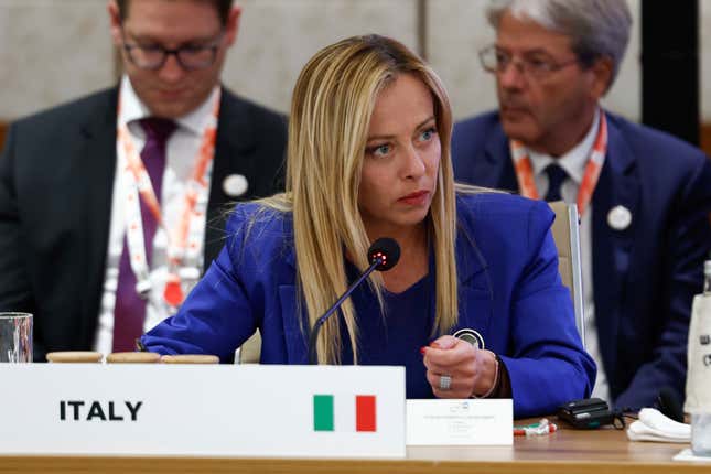 Italian Prime Minister Giorgia Meloni attends Partnership for Global Infrastructure and Investment event on the day of the G20 summit in New Delhi, India, Sept. 9, 2023. (AP Photo/Evelyn Hockstein, Pool)