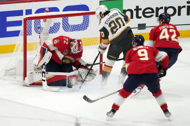 Jun 8, 2023; Sunrise, Florida, USA; Florida Panthers goaltender Sergei Bobrovsky (72) defends the shot attempt by Vegas Golden Knights center Chandler Stephenson (20) during the second period in game three of the 2023 Stanley Cup Final at FLA Live Arena.
