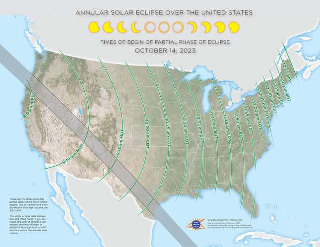 Graphic showing times of the eclipse over the United States.