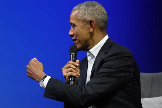 NEW YORK, NEW YORK - NOVEMBER 17: Former U.S. President Barack Obama speaks at a Democracy Forum event held by the Obama Foundation at the Javits Center on November 17, 2022 in New York City. 