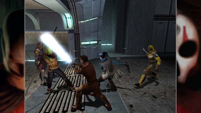 Characters do battle with light sabders and melee weapons.