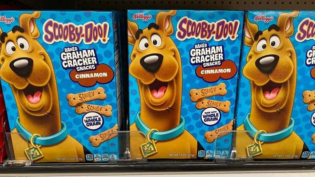 Scooby Snacks boxes on grocery store shelf, cinnamon flavor