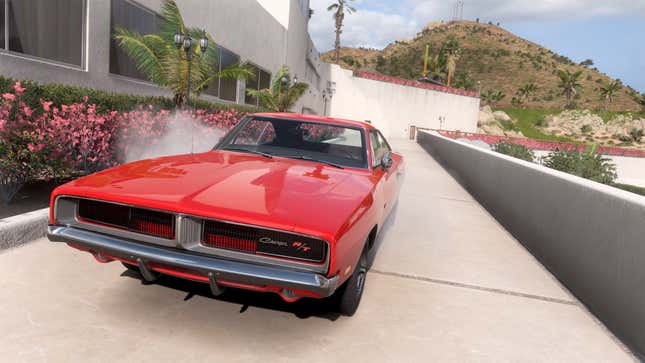 A Dodge Charger, one of the best cars in Forza Horizon 5, parked on a parkway.