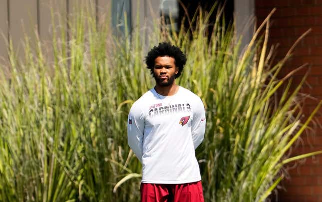 Arizona Cardinals quarterback Kyler Murray (1) watches his teammates practice during minicamp at the Cardinals Dignity Health Training Center in Tempe on June 13, 2023.