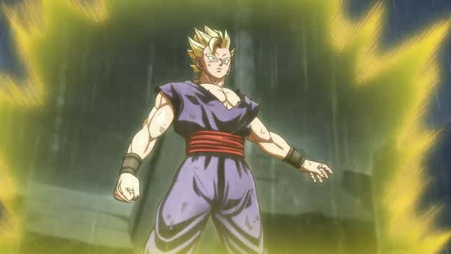 Gohan powers up into his Super Saiyan form, emanating golden glowing energy.