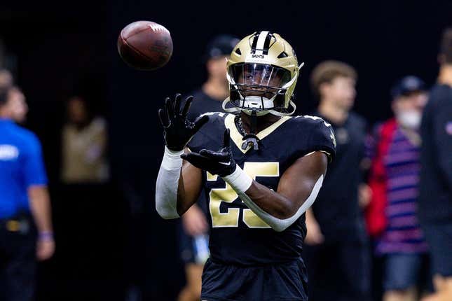 Aug 13, 2023; New Orleans, Louisiana, USA; New Orleans Saints running back Kendre Miller (25) warms up against the Kansas City Chiefs during pregame at Caesars Superdome.