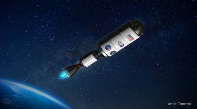 An artist rendering of a nuclear powered rocket speeding into deep space from Earth. Rocket has an American flag on it, as well as NASA and SpaceForce logos. 