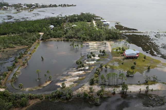 An evacuated flooded RV park is seen near Keaton Beach, Florida, following the passage of Hurricane Idalia, on August. 30, 2023.