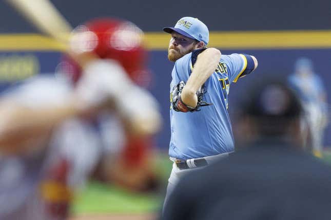 Apr 7, 2023; Milwaukee, Wisconsin, USA;  Milwaukee Brewers pitcher Brandon Woodruff (53) throws a pitch during the first inning against the St. Louis Cardinals at American Family Field.