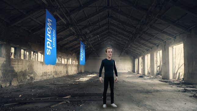 A lonely man stands in an empty warehouse with Horizon flags hanging behind him. 