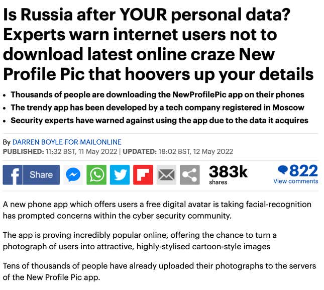 A screenshot of a Daily Mail article about the New Profile Pic app is shown.