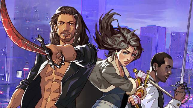 Art from Boyfriend Dungeon in which three people brandish weapons in front of a city skyline. 