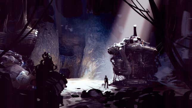 A person stands next to machinery in a cave.