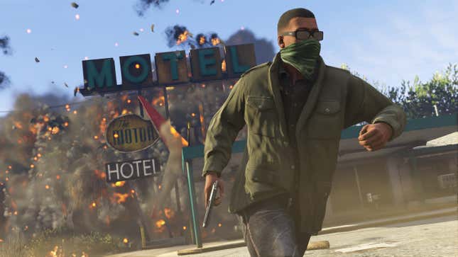 man wearing a jacket and holding a pistol running way from an exploding hotel in grand theft auto v