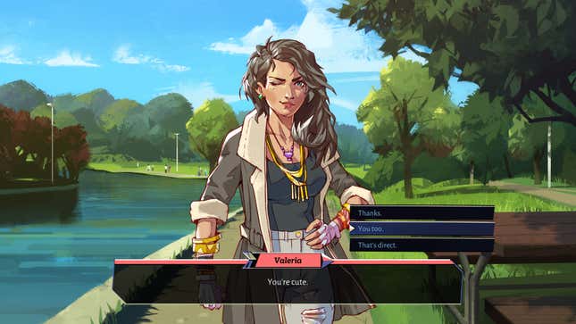 Valeria, one of the datable weapons from Boyfriend Dungeon stands in a park saying "You're cute" to the player character.