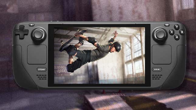 An image shows a Steam Deck with Tony Hawk doing a trick on the screen. 