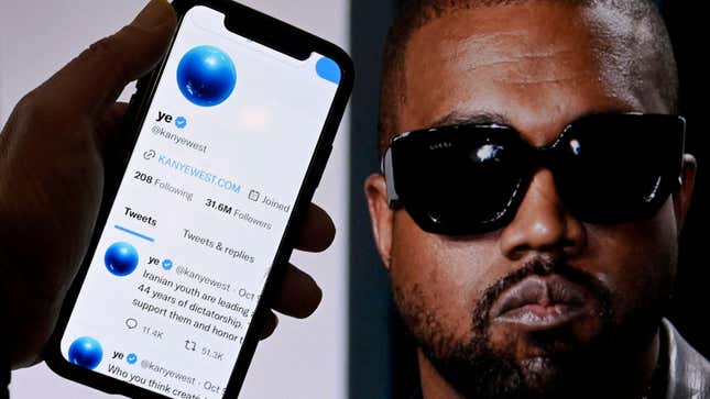 A phone with Ye's twitter profile next to an image of Ye himself.