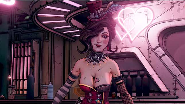 A neon pink bar sign in the shape of a heart beams behind Moxxi as she waits behind a pub table awaiting the player's order. 