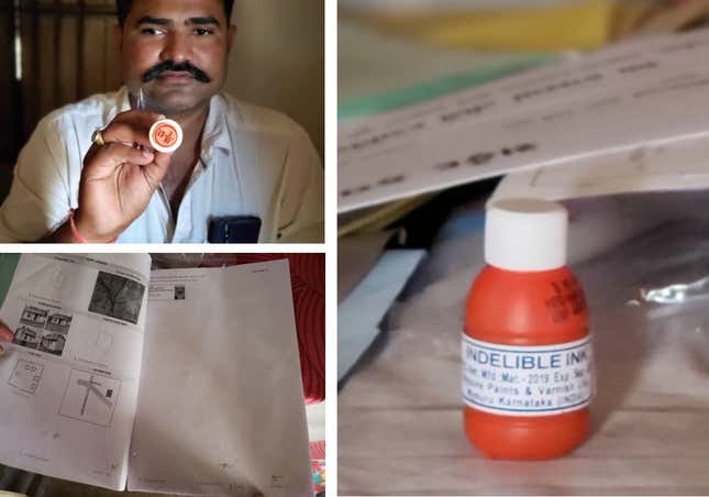 The booth’s seal; indelible ink; the voting roll of Banej (with one voter)