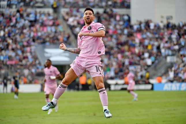 Aug 15, 2023; Chester, PA, USA; Inter Miami CF forward Lionel Messi (10) celebrates after scoring a goal against the Philadelphia Union during the first half at Subaru Park.