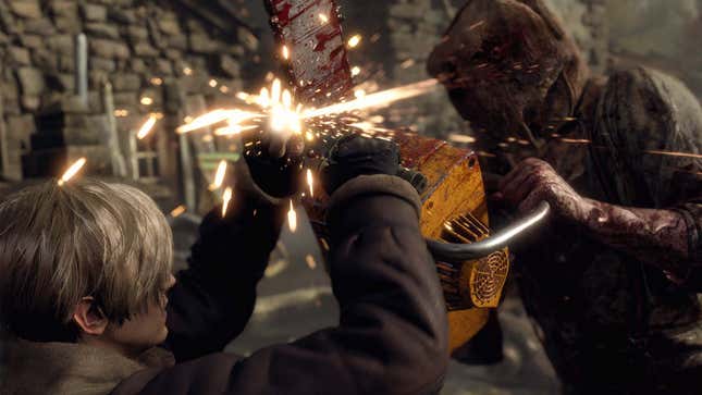 A screenshot shows Leon blocking a chainsaw attack with his knife in Resident Evil 4.