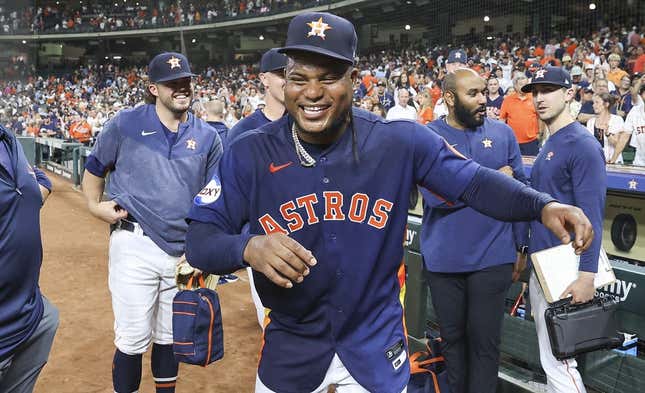 Aug 1, 2023; Houston, Texas, USA; Houston Astros starting pitcher Framber Valdez (59) celebrates after pitching a no-hitter against the Cleveland Guardians at Minute Maid Park.