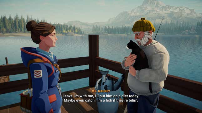 a woman and a man standing on a dock in lake the game