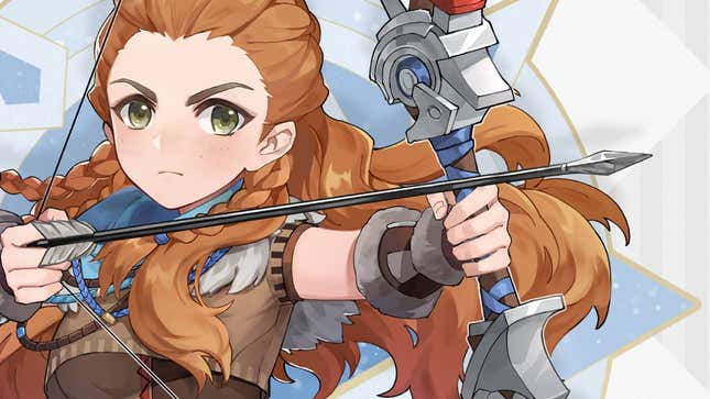 A picture of Horizon Zero Dawn character Aloy pointing her bow at the viewer