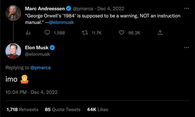 A screenshot of Elon Musk responding to a quote he said about the book "1984" tweeted by Marc Andreessen.
