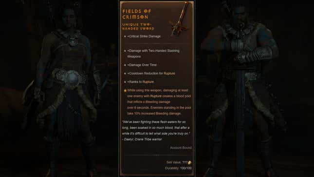 A composite image shows stats for the Fields of Crimson sword.