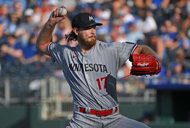 Jul 29, 2023; Kansas City, Missouri, USA;  Minnesota Twins starting pitcher Bailey Ober (17) delivers a pitch during the first inning against the Kansas City Royals at Kauffman Stadium.