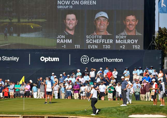 The group of Jon Rahm, Scottie Scheffler and Rory McIlroy on the green of island holes 17 during first round action of The Players Championship in Ponte Vedra Beach, FL, Thursday, March 9, 2023.
Jki 030923 Bs The Players Thursday 16