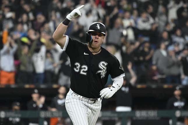 May 16, 2023; Chicago, Illinois, USA; Chicago White Sox designated hitter Gavin Sheets (32) after he hits a three run home run against the Cleveland Guardians during the fifth inning at Guaranteed Rate Field.