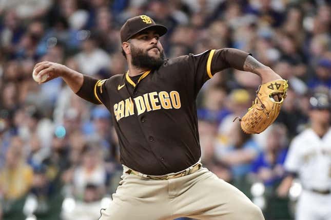 Aug 26, 2023; Milwaukee, Wisconsin, USA;  San Diego Padres pitcher Pedro Avila (60) pitches against the Milwaukee Brewers in the first inning at American Family Field.