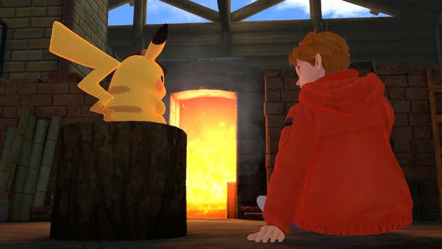 Detective Pikachu sitzt mit Tim vor einem Feuer.