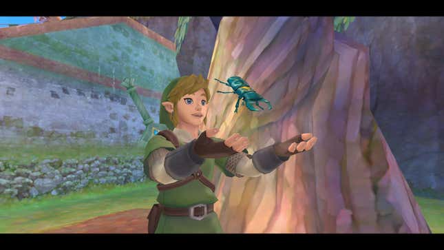 Link reverently holds a beetle, levitating it in the air with his mind.