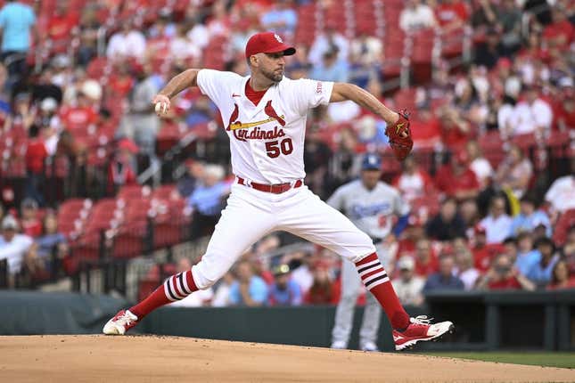 May 18, 2023; St. Louis, Missouri, USA; St. Louis Cardinals starting pitcher Adam Wainwright (50) pitches against the Los Angeles Dodgers in the first inning at Busch Stadium.
