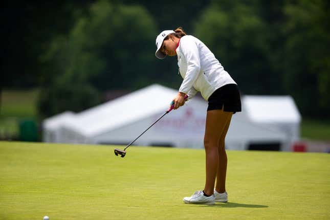 Alexa Pano sends her ball toward the hole during the second round of the Meijer LPGA Classic Friday, June 16, 2023, at Blythefield Country Club in Belmont, MI.